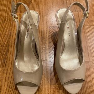 Sling open toe patent beige dress shoe size 6.5